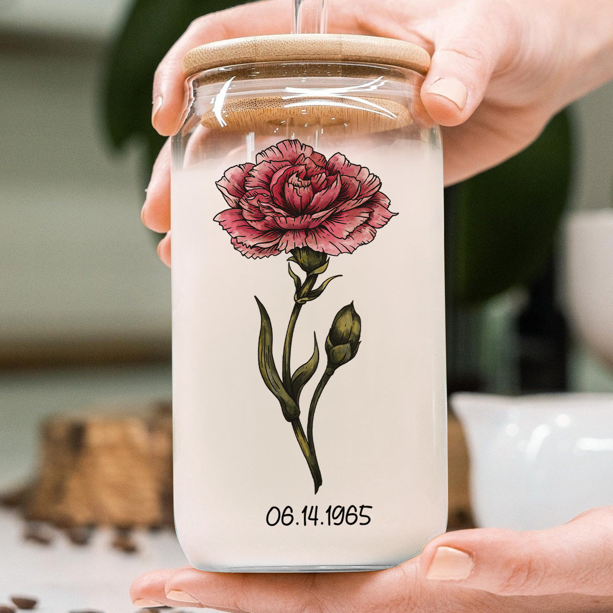 Vintage Birth Flower With Name & Birth Day Gift For Mom Grandma Pretty Woman Personalized Clear Glass Can