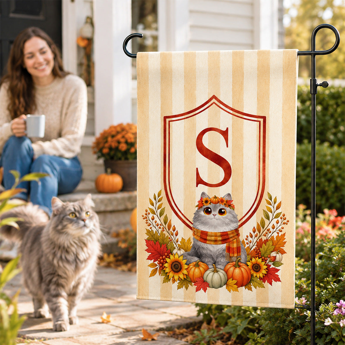 Fall Season Monogram Initial Family Cat Lovers - Personalized Garden Flag, Hydrangea Shield