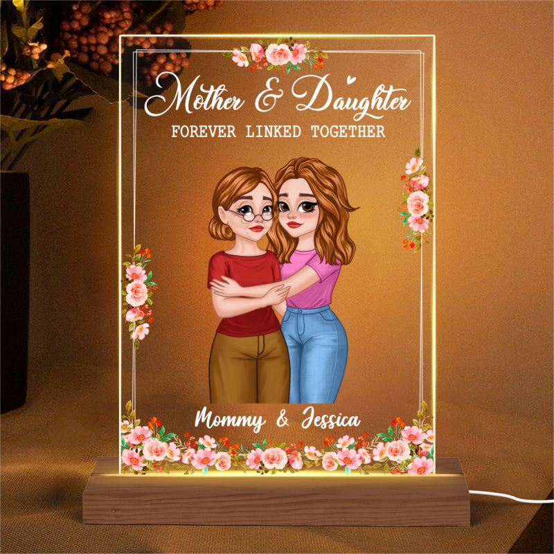 Mother Daughter Forever Linked Together Hugging Cartoon Floral Personalized Rectangle Acrylic Plaque With LED Night Light