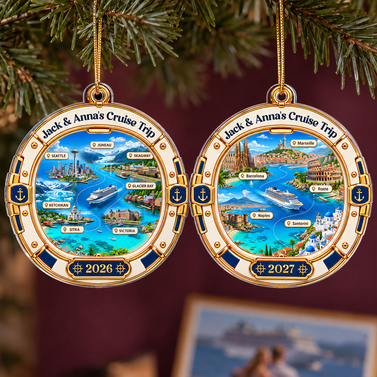 Cruise Destinations Porthole 2D Flat Printed - Personalized Acrylic Ornament - Cruise Trip Keepsake, Christmas Tree Decor For Family, Couples