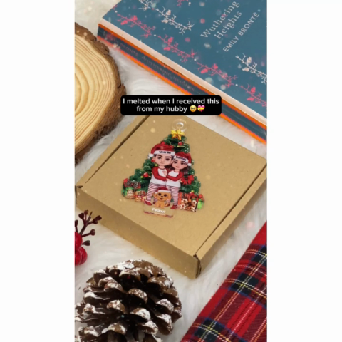 Couple Standing With Dogs Cats Christmas Tree Personalized Acrylic Ornament