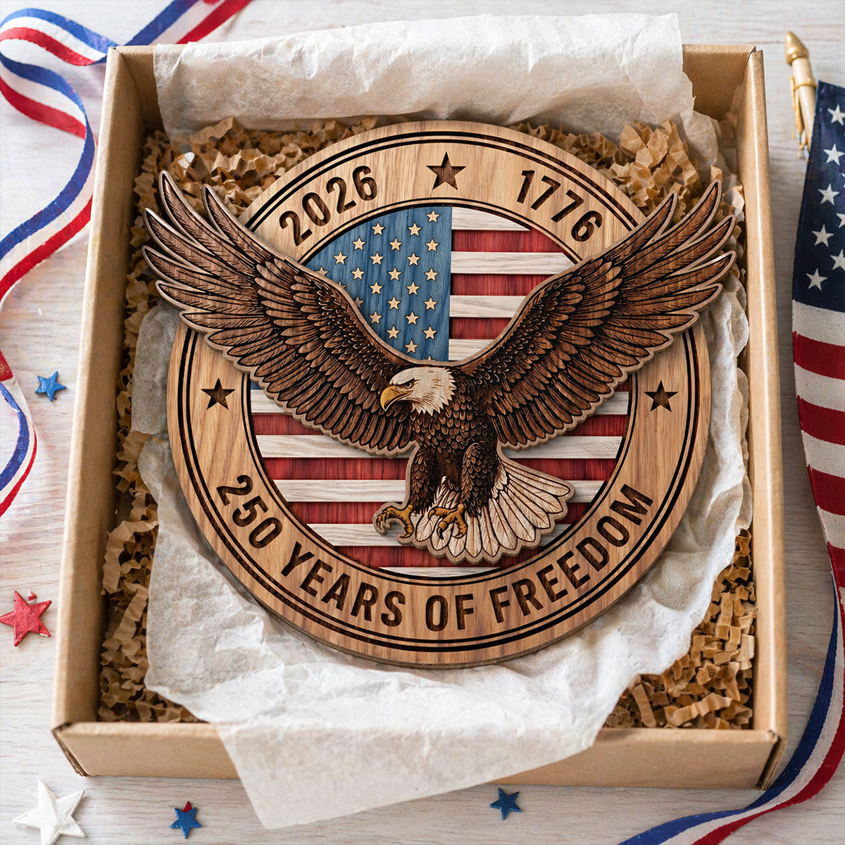 United States 250th Anniversary Eagle & American Flag - Personalized 2-Layered Wooden Plaque - America 250 Emblem American Patriot Home Decor