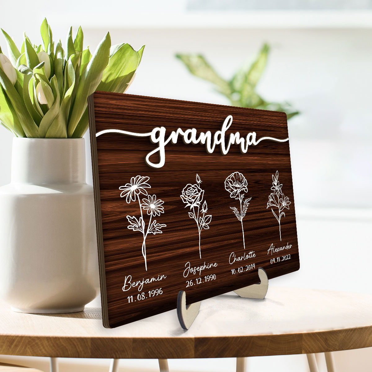 Grandma Grandkids Flowers Personalized 2-Layer Wooden Plaque