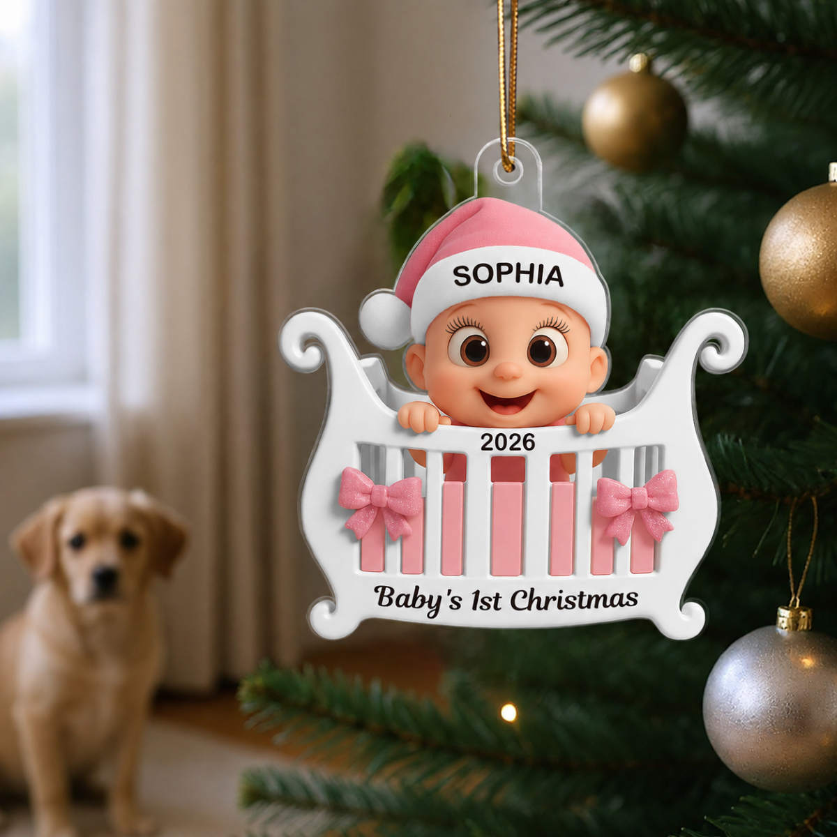 3D Effect Cute Cartoon Baby In Crib Baby's 1st Christmas Personalized Acrylic Flat Ornament