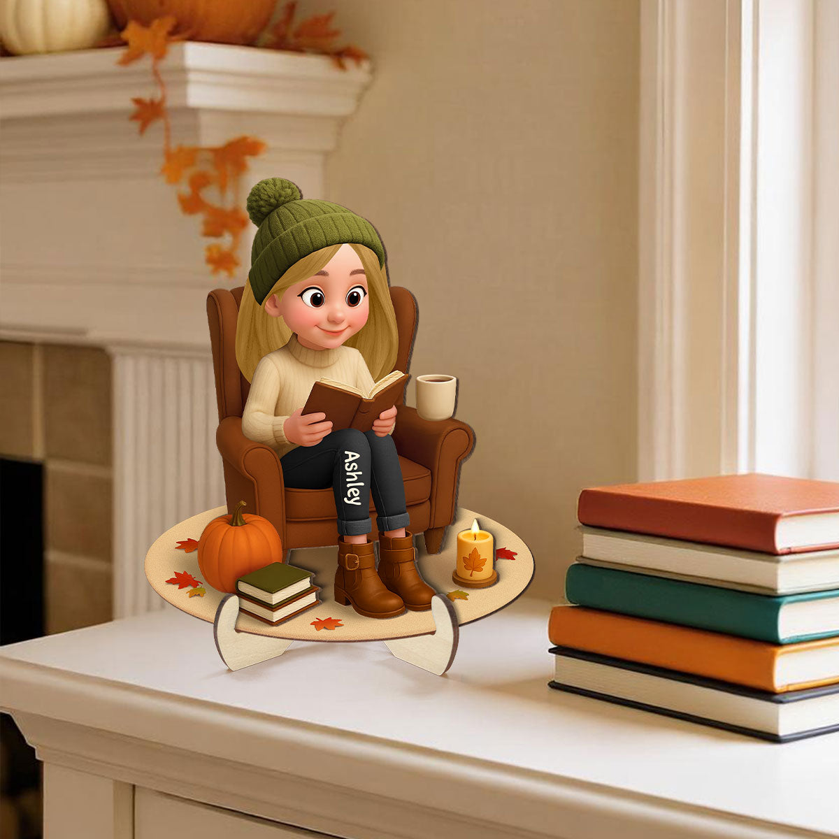Fall Girl Reading Book On Armchair Personalized 2-Layer Wooden Plaque