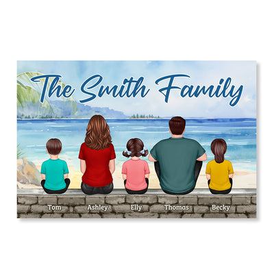 Family Sitting Back View Summer Beach Dad Mom Kids Dog Cat Personalized Horizontal Poster