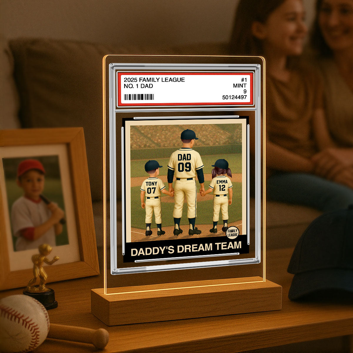 Baseball No. 1 Dad Man & Kids Trading Card Style Personalized Acrylic Plaque With LED Night Light