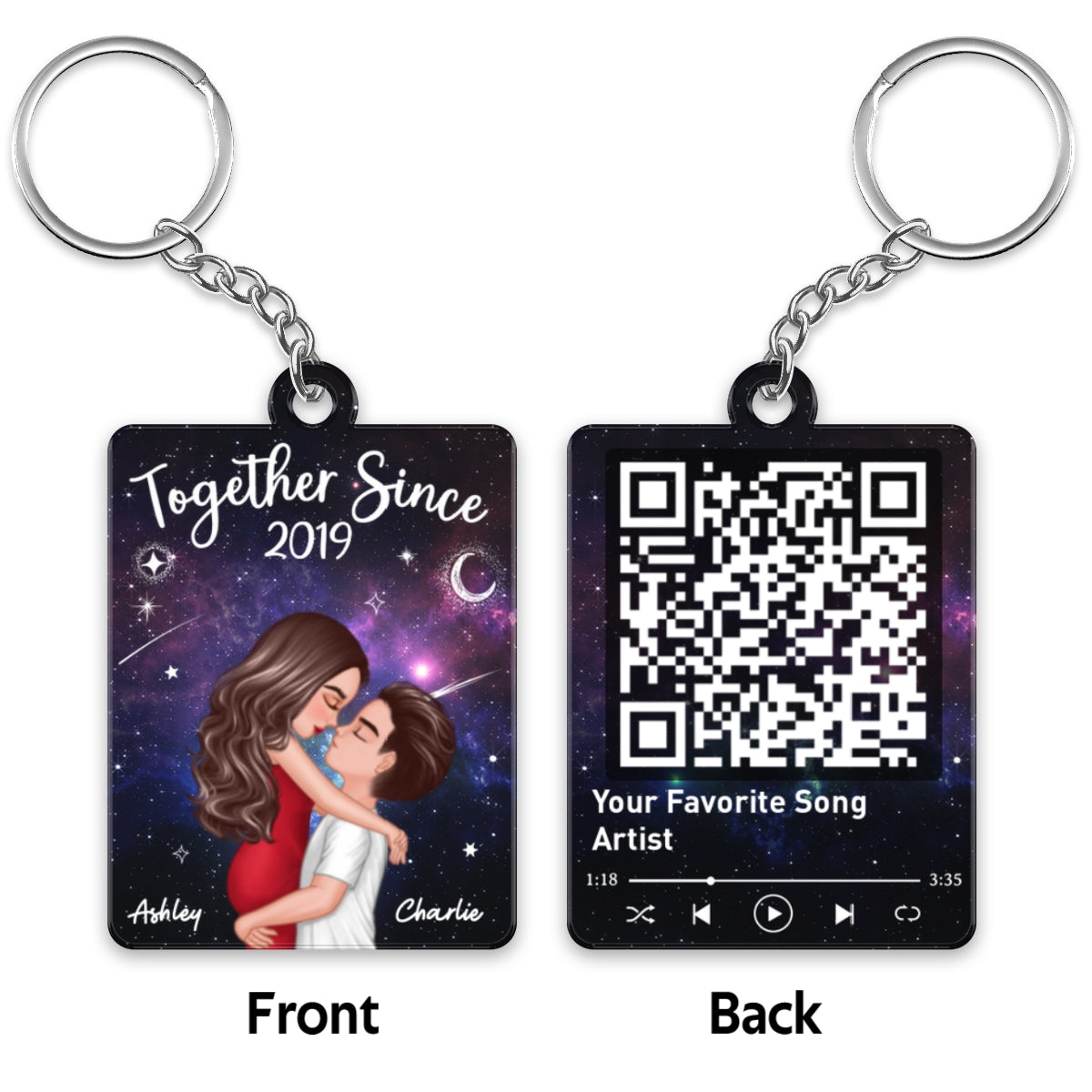 Doll Couple Hugging Kissing In Galaxy Night Favorite Song Scannable QR Code Personalized Acrylic Keychain