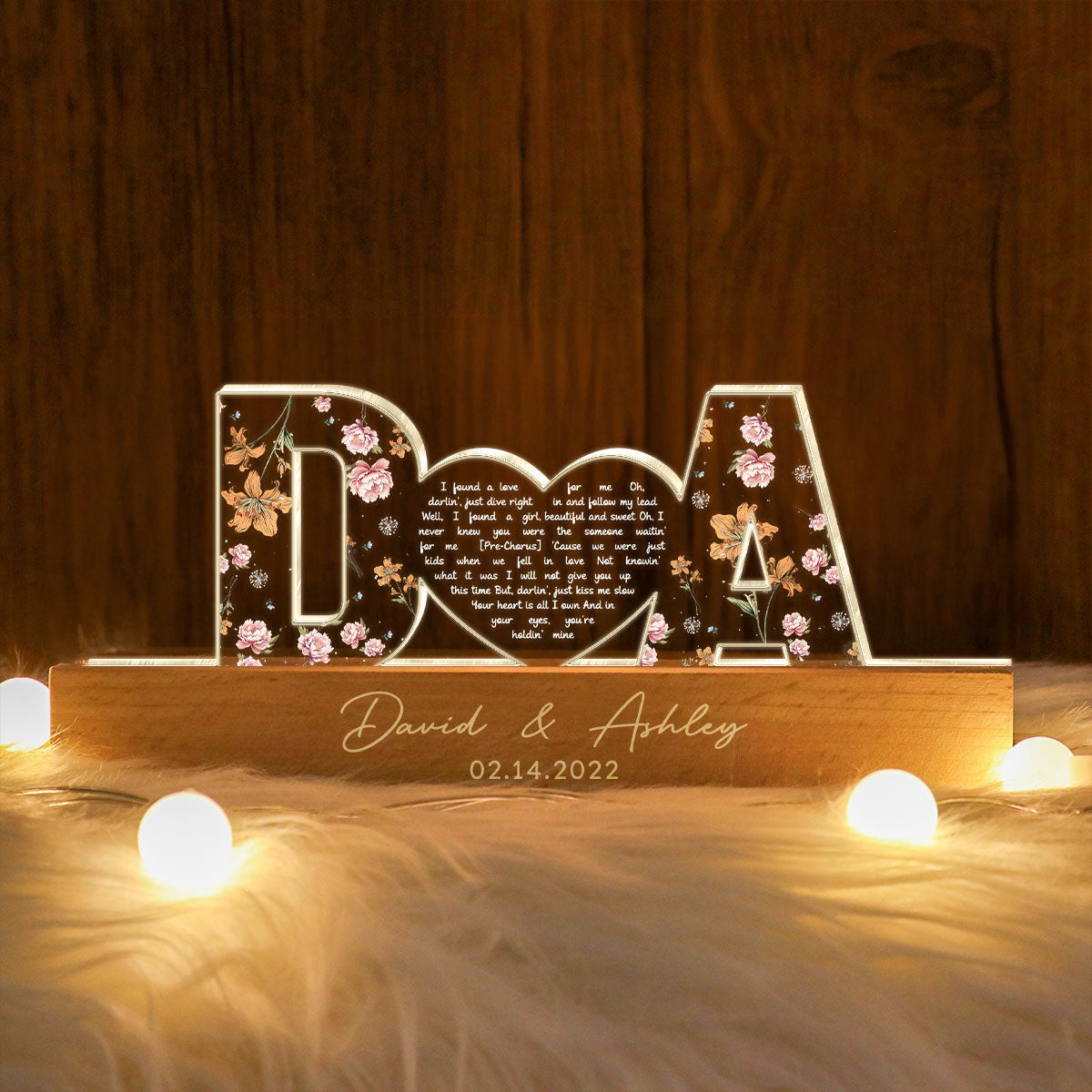 Vinyl Heart Shaped Lyrics Couple Song Custom Flower Printed LED Night Light,  Gift for her, Gift for him