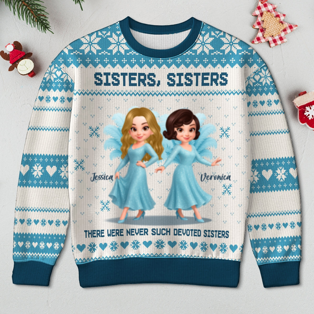 Sisters Sisters Besties in Blue Dresses Personalized Faux Knitting Ugly Sweater, Christmas Matching Costume For Sisters, Best Friends