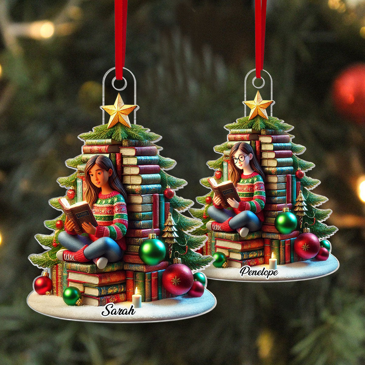 Book Christmas Tree Girl Sitting Acrylic Ornament, Personalized Book Christmas Tree Ornament, Christmas Gift For Book Lovers