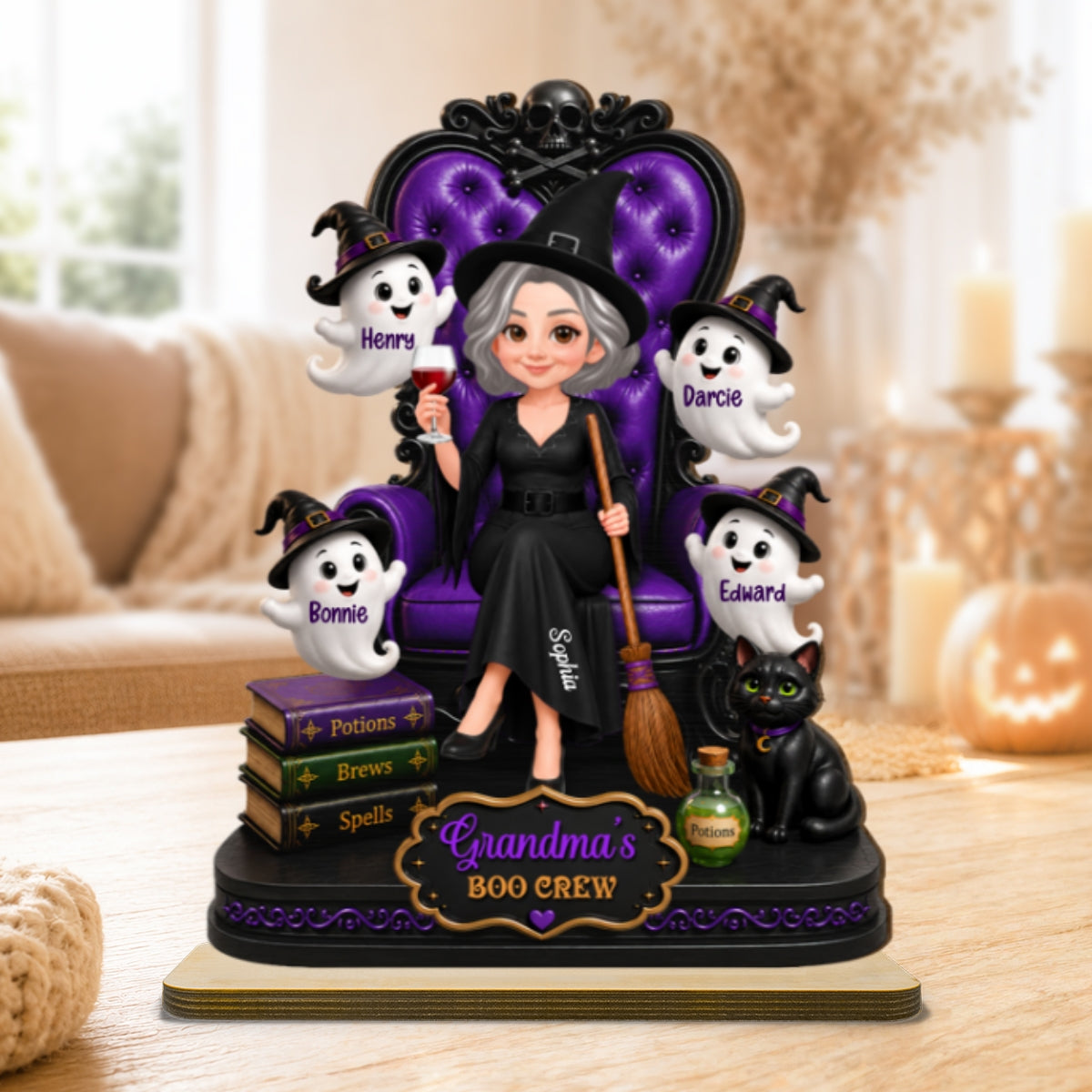 Grandma Witch Sitting On Chair 2D Flat - Personalized Wooden Plaque - Halloween Decoration
