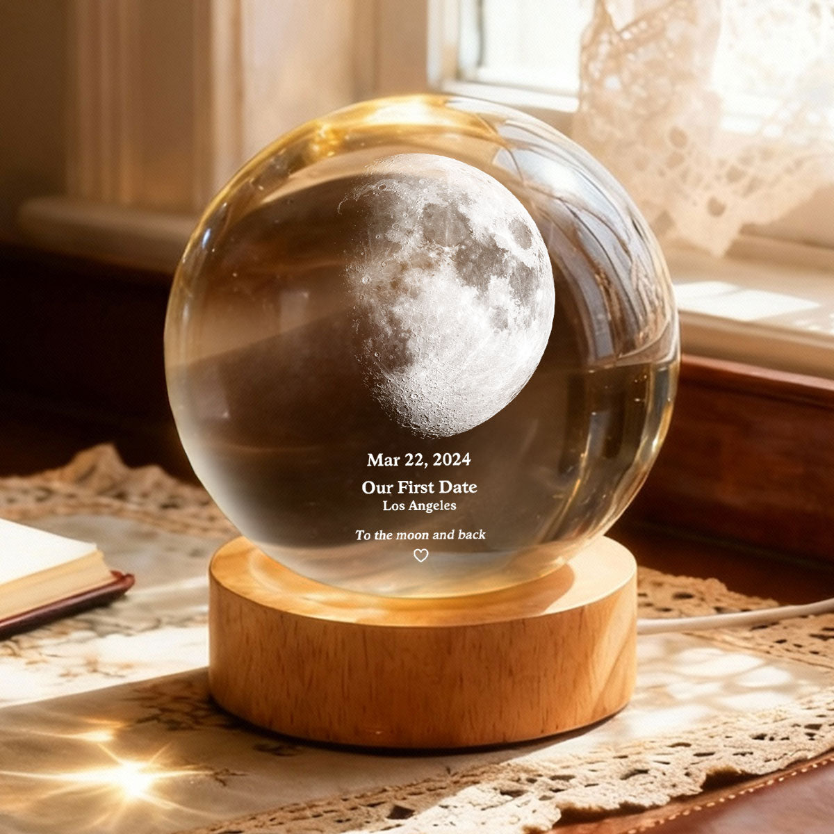 Couple Love to the Moon and Back Moon Phase by Date - Personalized Crystal Ball LED Night Light - Sentimental Valentine's Day Gift for Her, for Him