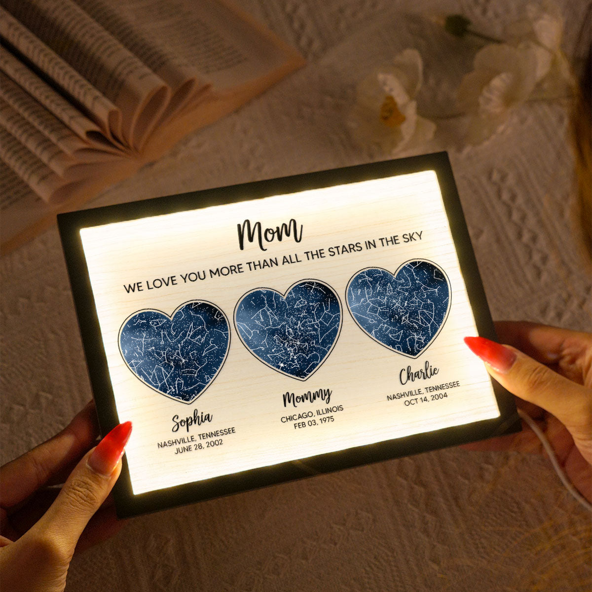 Mom We Love You More than All the Stars in the Ky, Custom Star Map by Location & Date, Personalized 2-Layered Wooden Plaque with LED, Gift for Mom from Daughter, Son, Heartfelt Gift