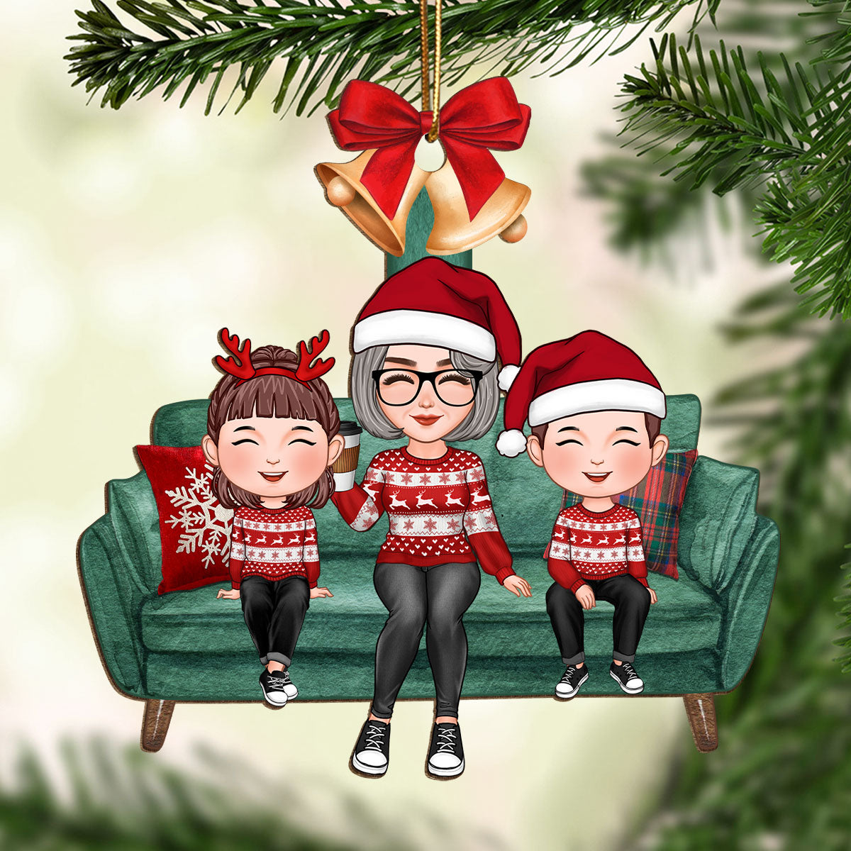 Grandma Mom Kids Christmas Sitting On Sofa Personalized Wooden Ornament