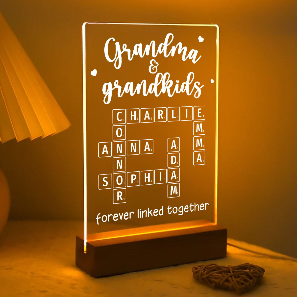 Grandma Grandpa & Grandkids Forever Linked Together Crossword Puzzle Personalized Acrylic Plaque With LED Night Light