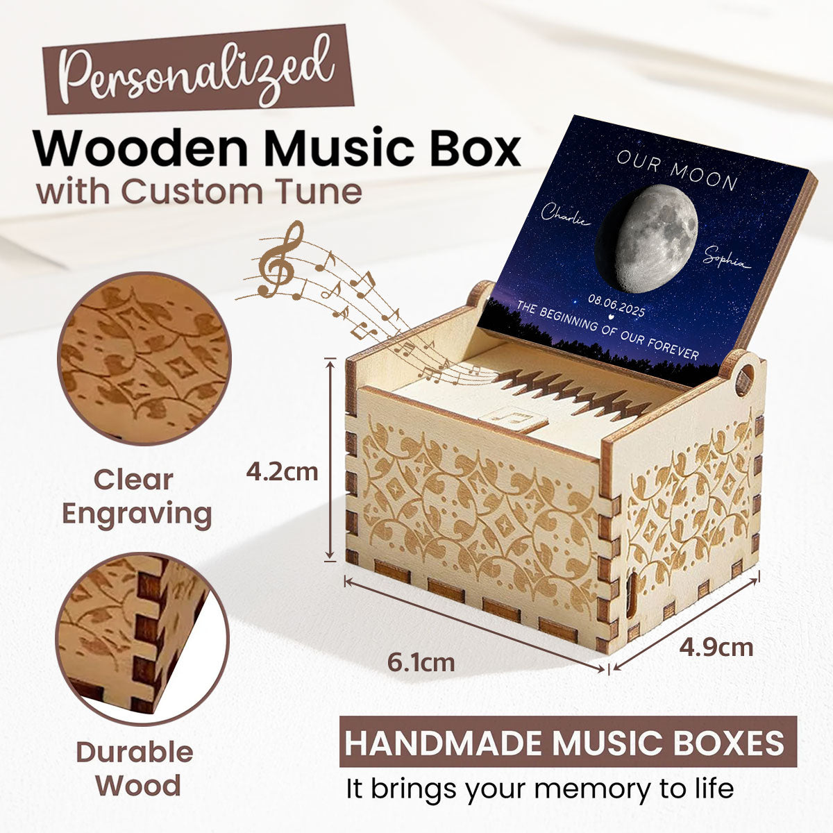 Our Moon Custom Moon Phase & Favorite Song - Personalized Wooden Music Box - Valentine's Day Gift For Him, Gift For Her