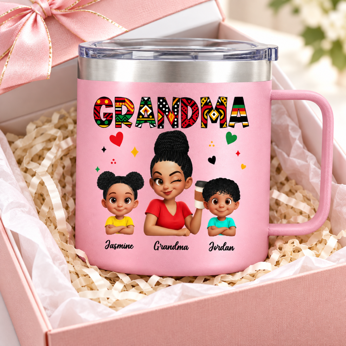 Tribal Pattern Grandma Grandkids Love - Personalized Stainless Steel Tumbler With Handle - Gift For Grandma