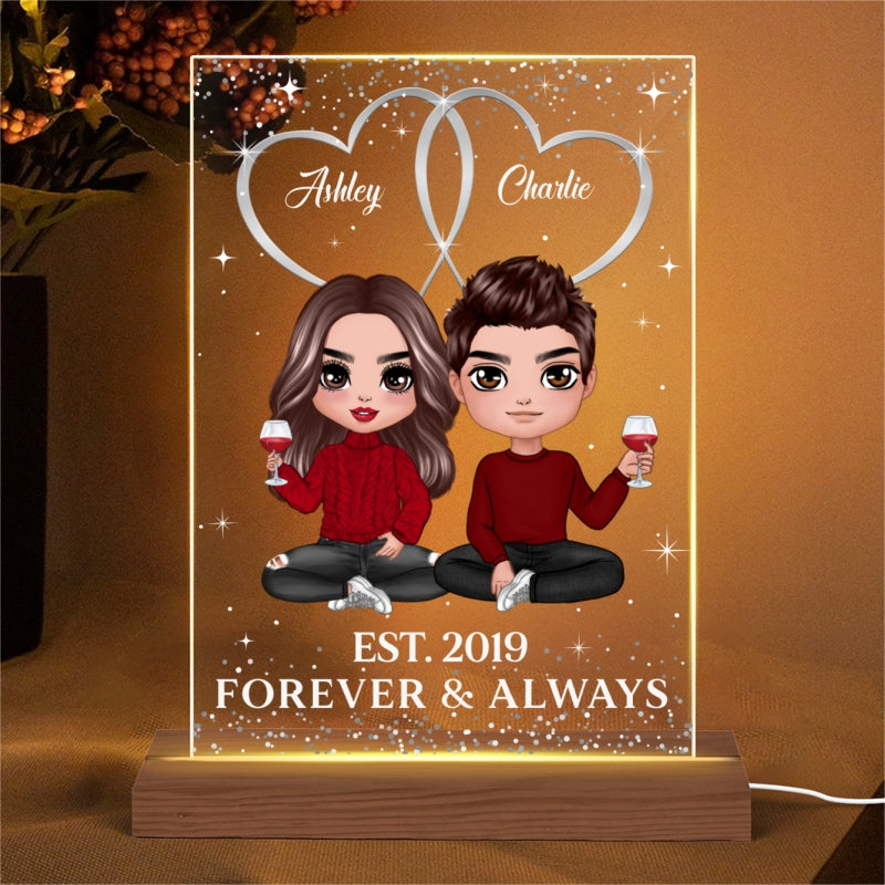 Double Hearts Doll Couple Sitting Personalized Rectangle Acrylic Plaque LED Lamp Night Light
