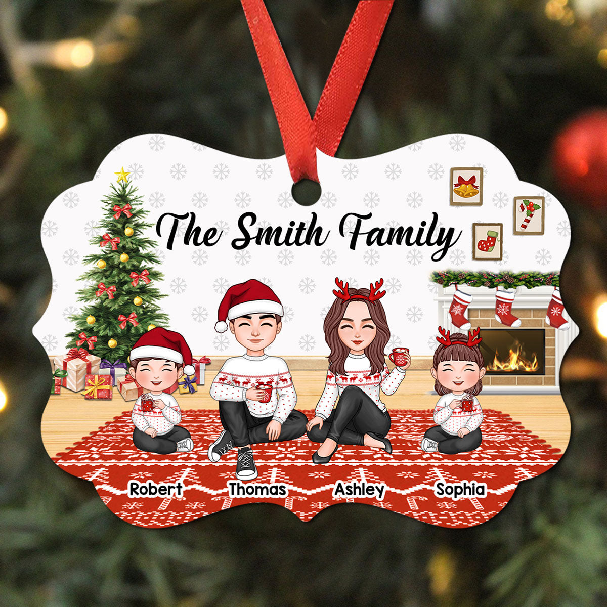 Christmas Cute Family Sitting In House Personalized Christmas Ornament