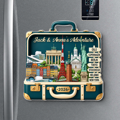 Custom Travel Adventure Suitcase 2D Flat Printed - Personalized Acrylic Fridge Magnet - Traveling Destination Keepsake, Christmas Gift For Traveling Lovers