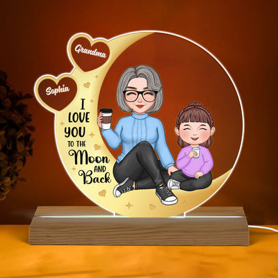 Love You To The Moon Yellow Moon Hearts Cute Grandma & Grandkid Sitting Personalized Acrylic Plaque With LED Night Light