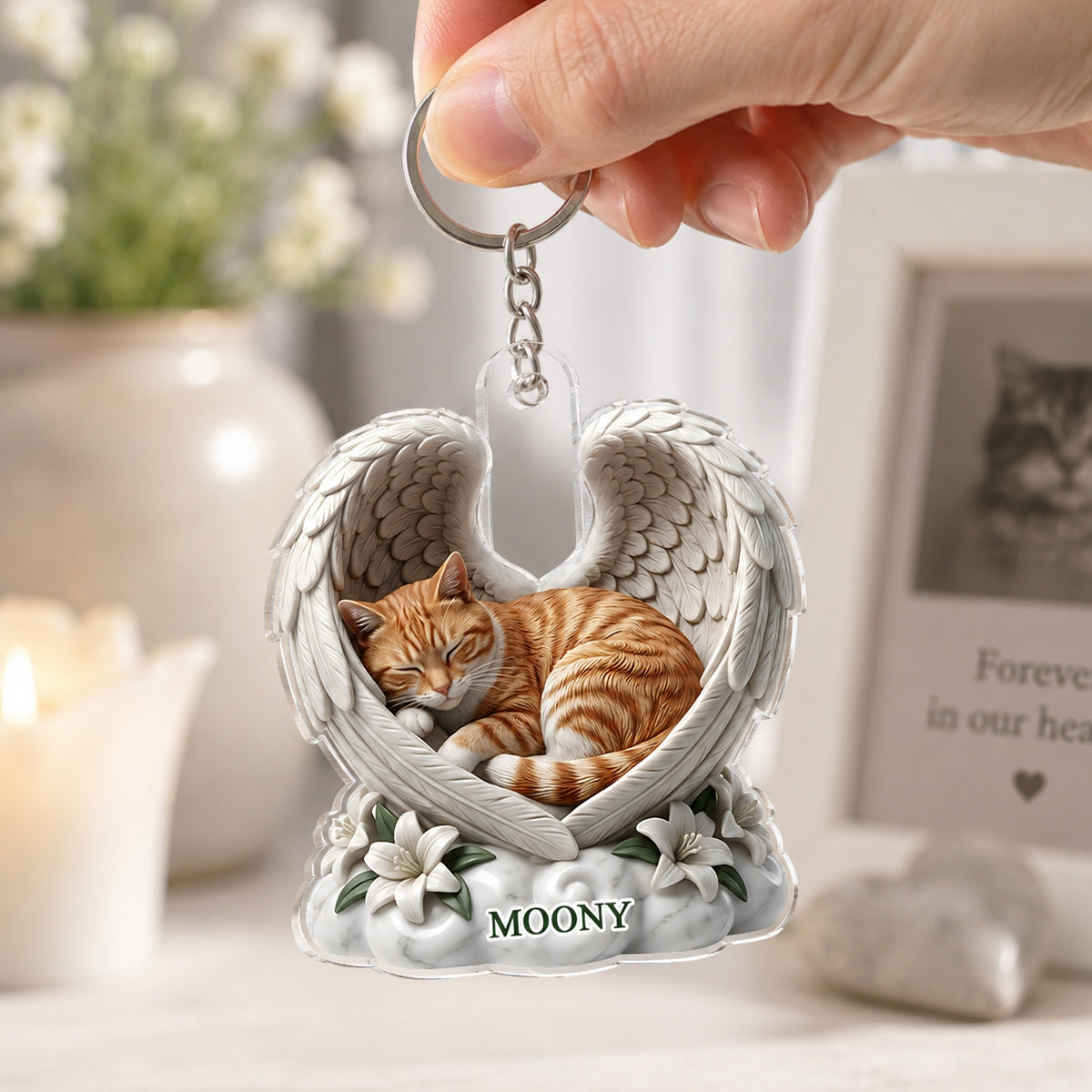 Custom Dog Cat Angel Wings Statue - Personalized Acrylic Keychain - Heartfelt Pet Memorial Gift