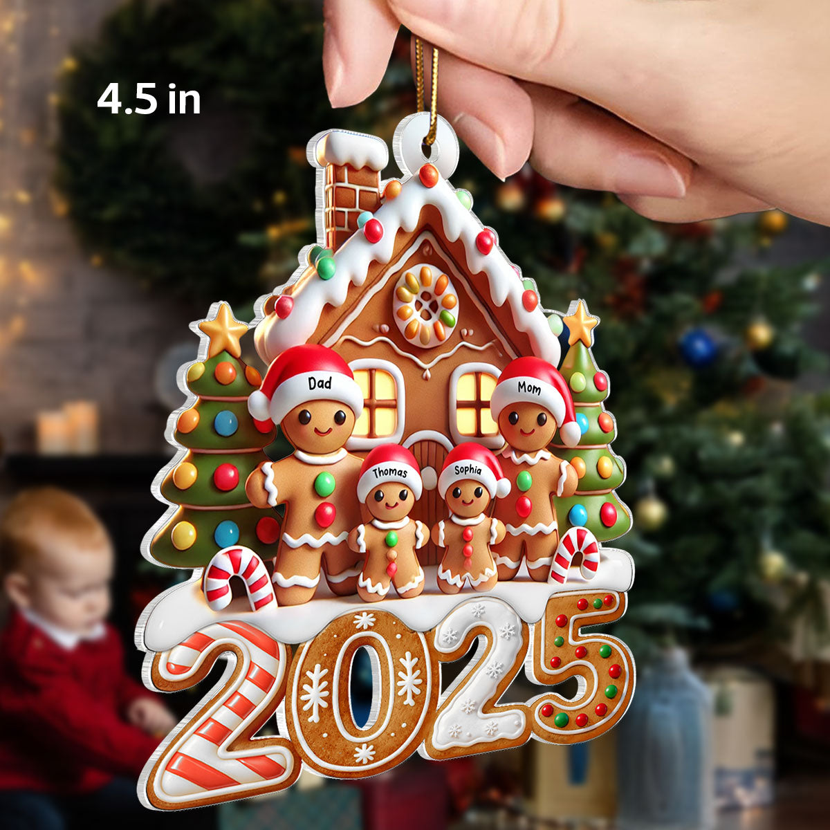 3D Effect 2025 Gingerbread Family With Gingerbread House - Personalized Acrylic Ornament