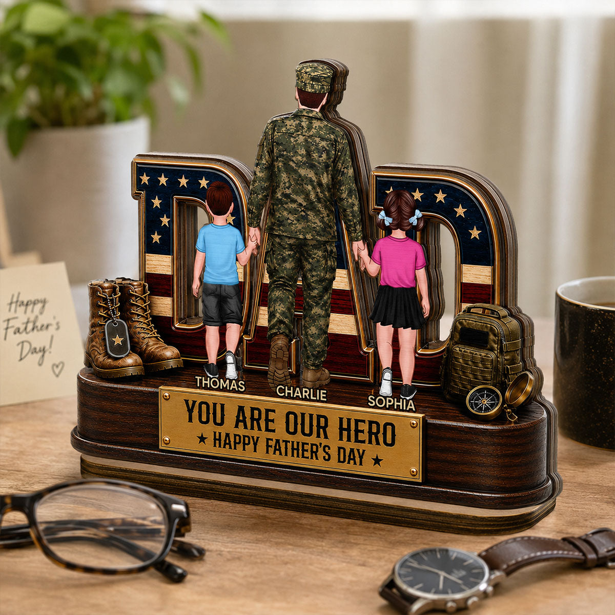 Nation Flag Military Dad You Are Our Hero - Personalized 2-Layered Wooden Plaque -  Gift For Dad, Husband