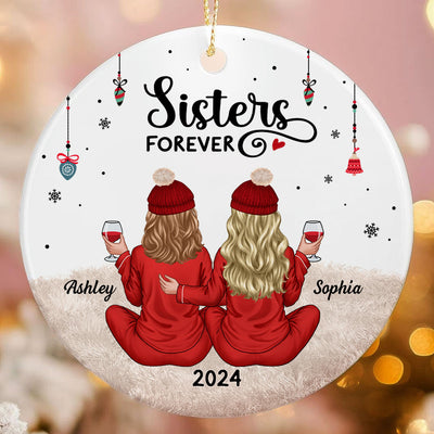 Back View Pajamas Sisters Forever Personalized Ceramic Ornament, Christmas Gift For Sisters