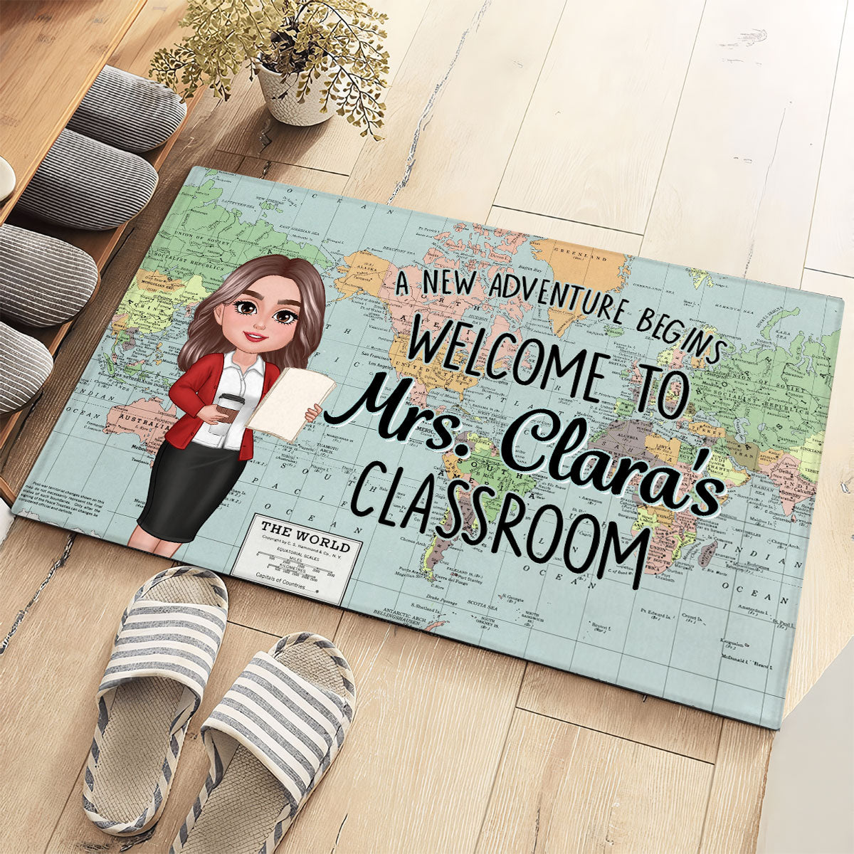 World Map Adventure Themed Welcome To Classroom Personalized Doormat, Gift For Teacher, Classroom Decor