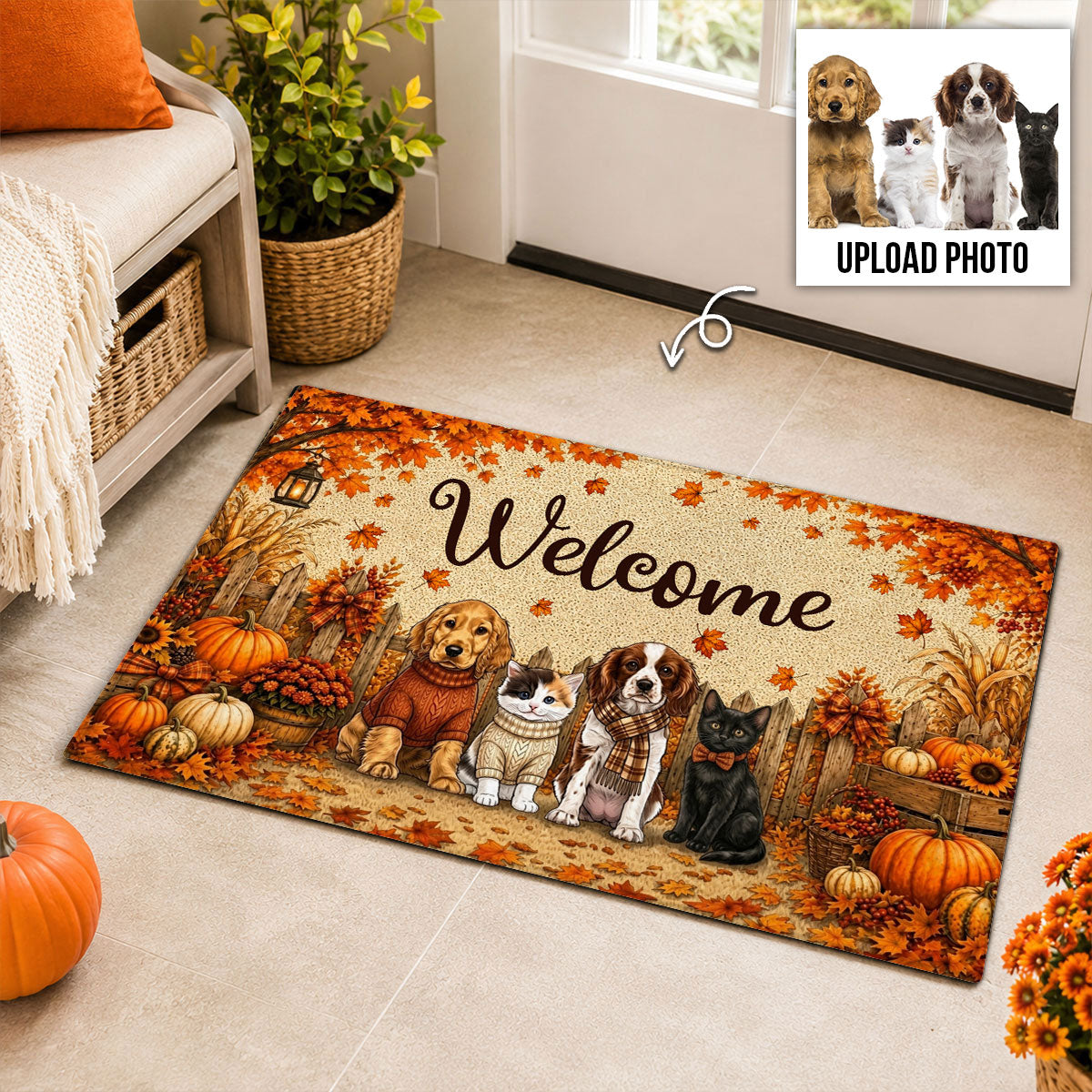 Vintage Dog Cat Fall Season Photo Upload - Personalized Doormat - Gift For Dog Mom, Cat Mom