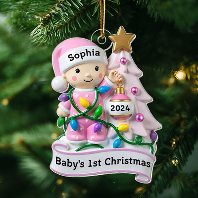 Baby Beside Christmas Tree 3D Effect Baby's First Christmas Personalized Acrylic Flat Ornament