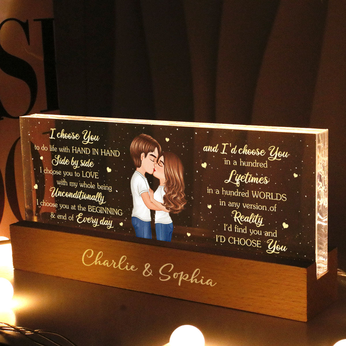 Personalized Acrylic Block LED Night Light, Couple Kissing Romatic Messages,  Gift, Anniversary Gift for Him for Her
