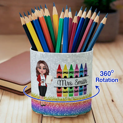 Teacher Crayon Glitter Texture Personalized Rotating Pen Holder, Teacher Appreciation Gift, Back To School Gift