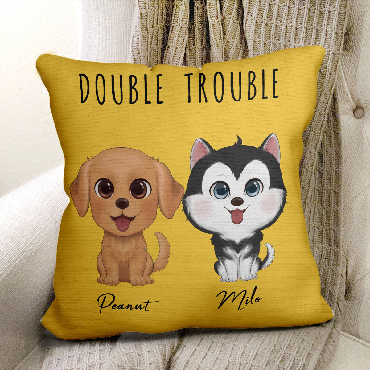 Watercolor Cute Dogs Double Trouble Personalized Pillow