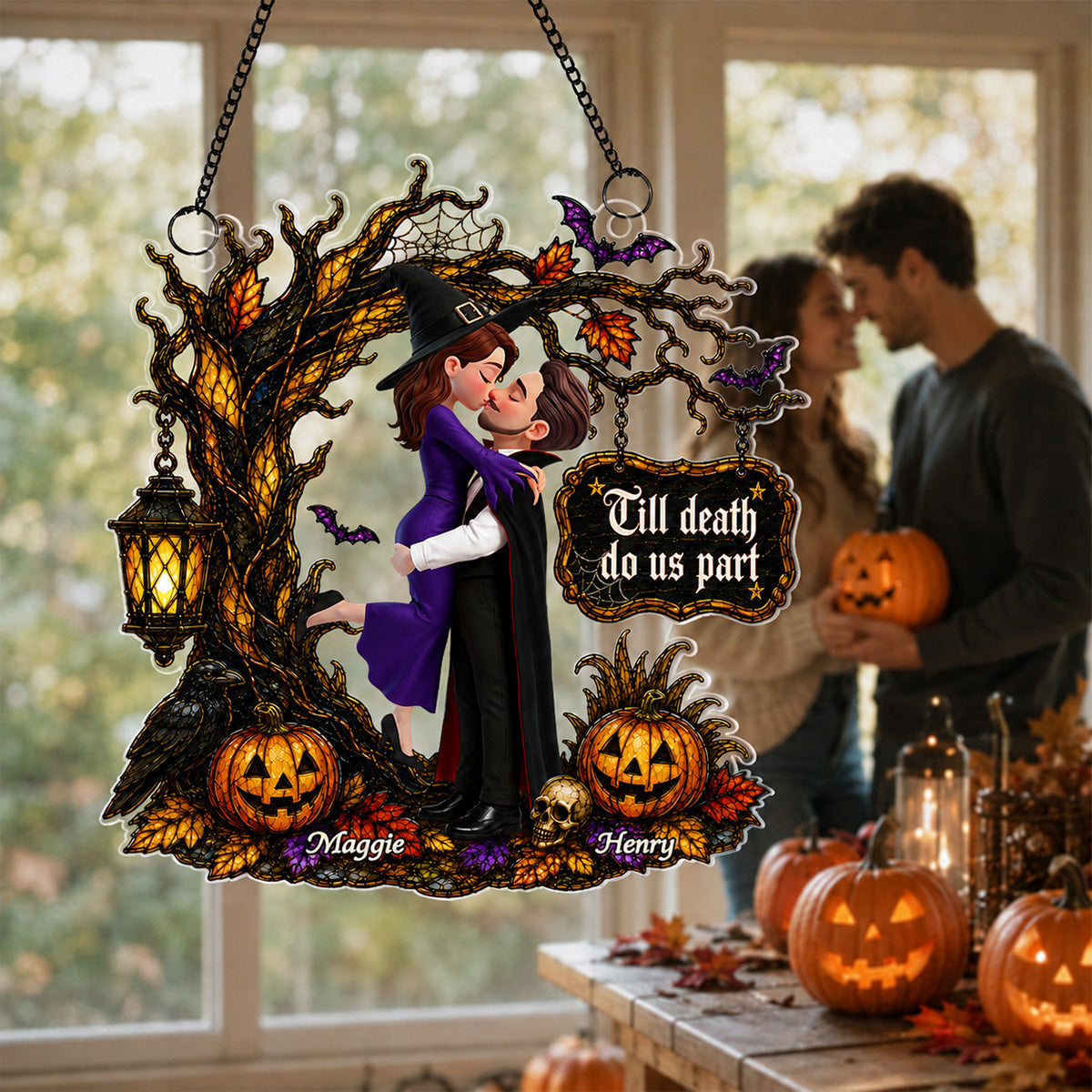 Couple Hugging Under Spooky Halloween Tree 2D Flat - Personalized Acrylic Window Hanger - Halloween Decor For Couple