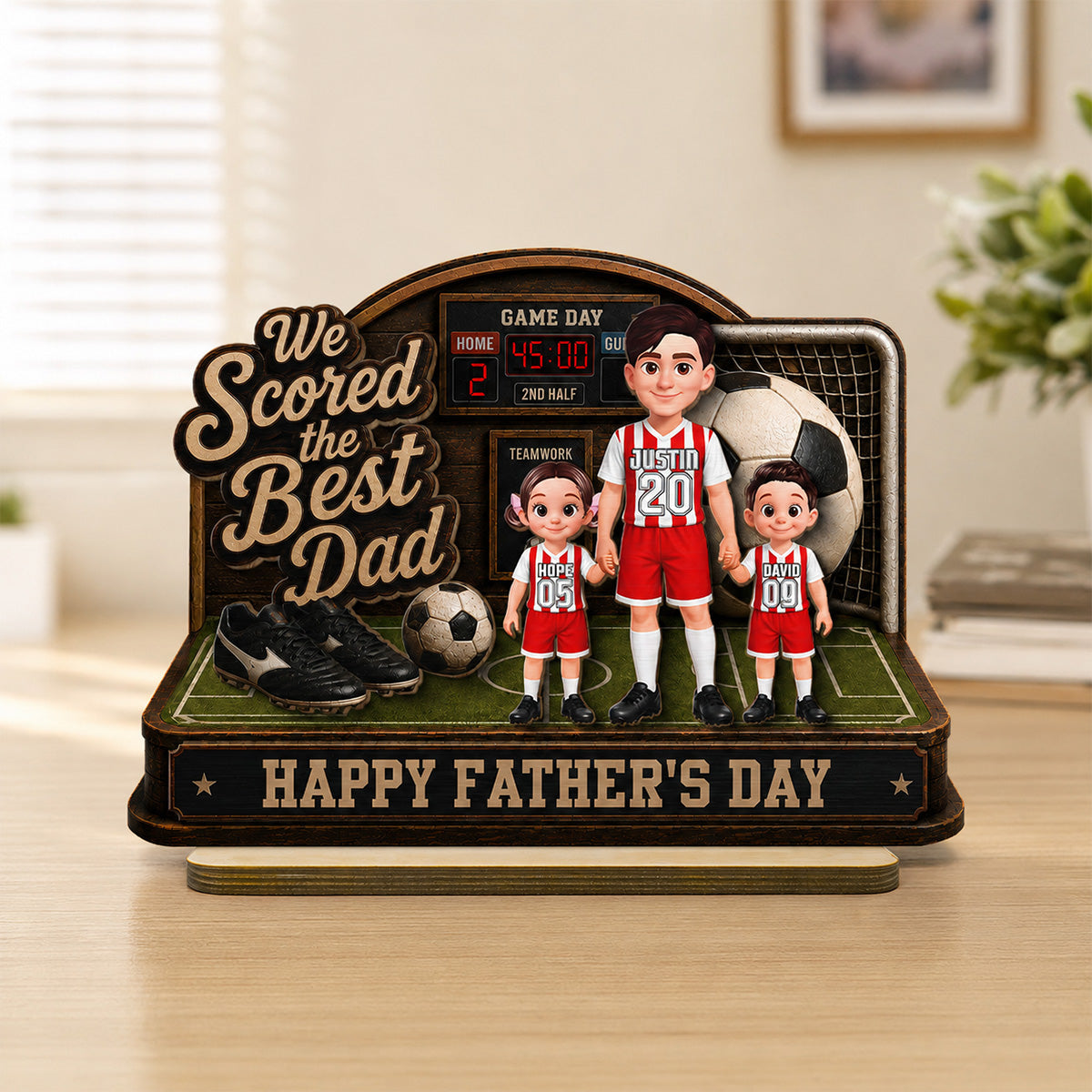 Soccer Dad & Kids On Court 2D Flat - Personalized 2-Layered Wooden Plaque - Father's Day Gift For Soccer Dad, UK Football Dad
