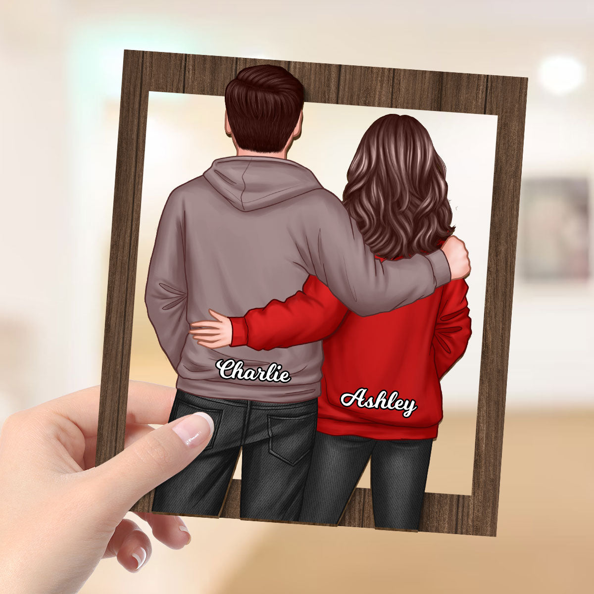 Couple Standing Back View Frame Personalized 2-layer Wooden Plaque