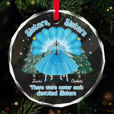 Sisters Sisters Besties in Blue Dresses Personalized Glass Ornament