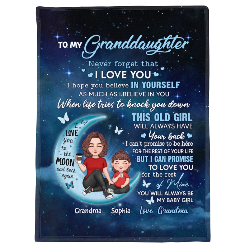 Grandma & Grandkid On Moon To My Granddaughter Grandson Personalized Fleece Blanket