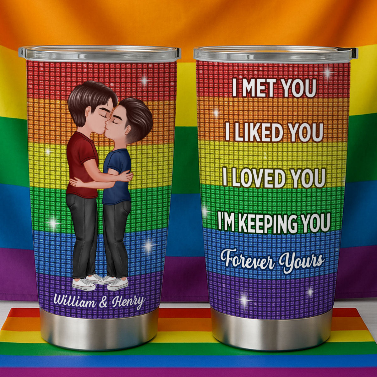 LGBT Couple Kissing I Met You I Love You Pride Month Personalized Tumbler (Not Real Rhinestones)