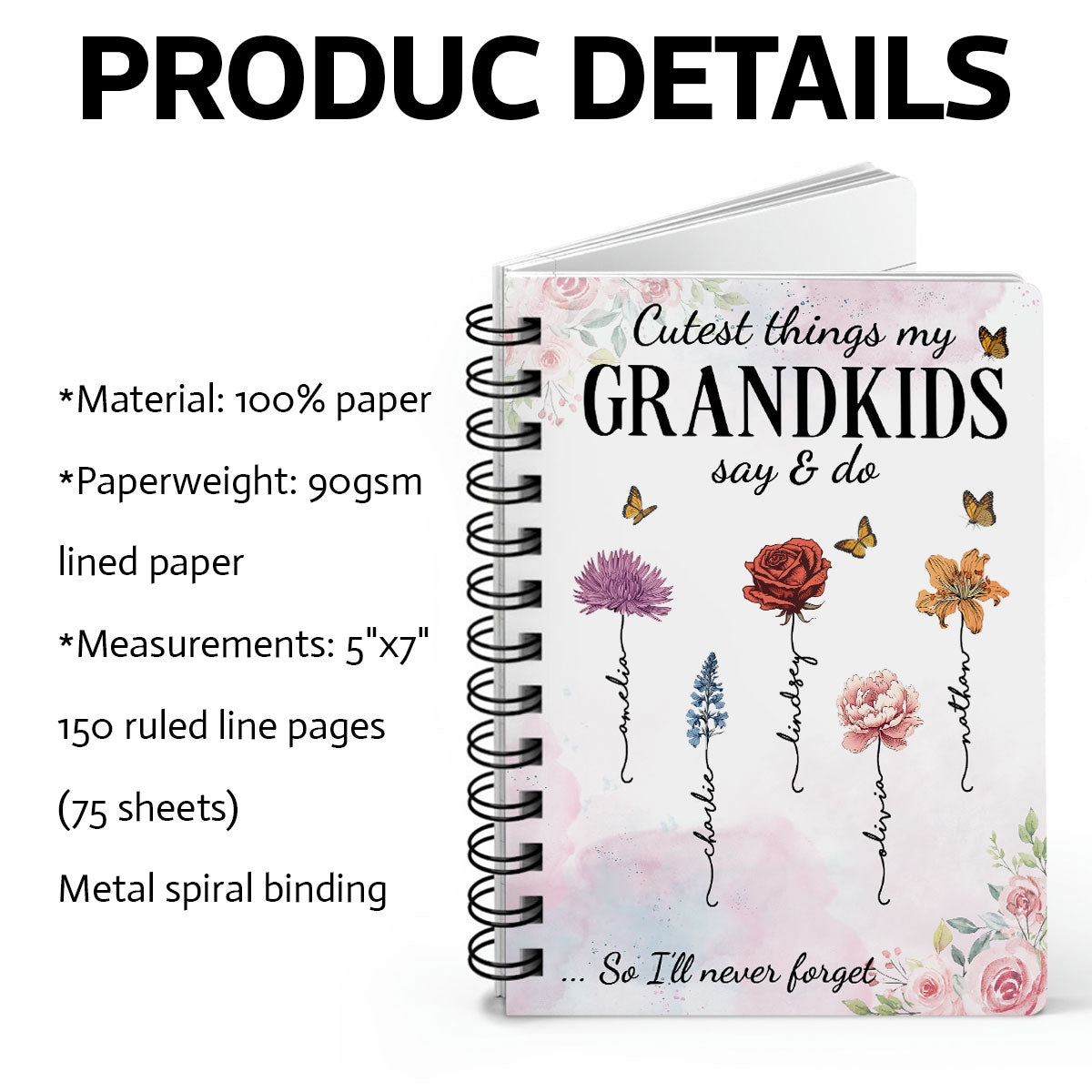 Cutest Things My Grandkids Say & Do Birth Month Flower Personalized Spiral Notebook Journal, Memory Book