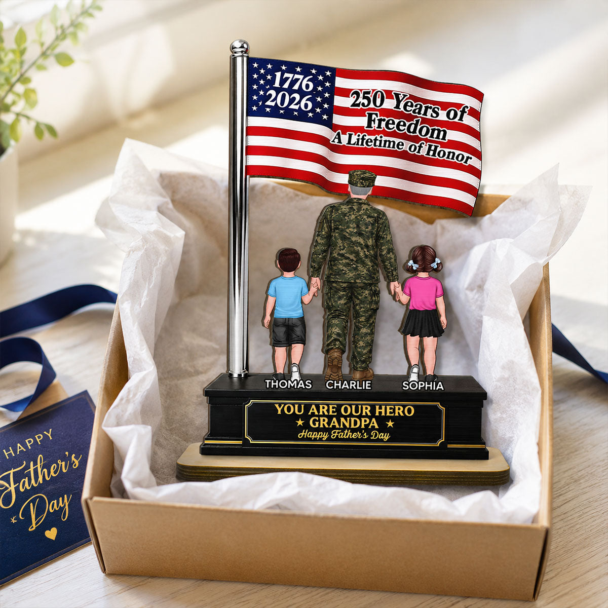 Proud American Army Military Veteran Grandpa Dad America 250th Anniversary - Personalized 2-Layered Wooden Plaque - Father's Day Gift For Dad, Grandpa Husband