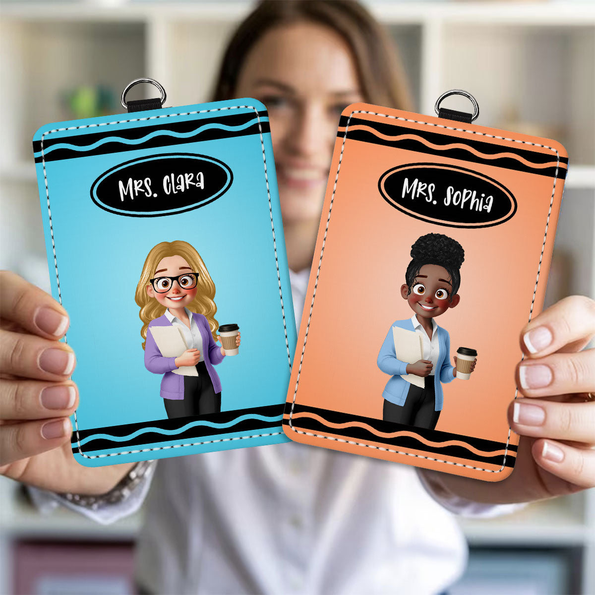 Crayon Themed Cartoon Teacher Personalized ID Badge Holder, Back To School Gift