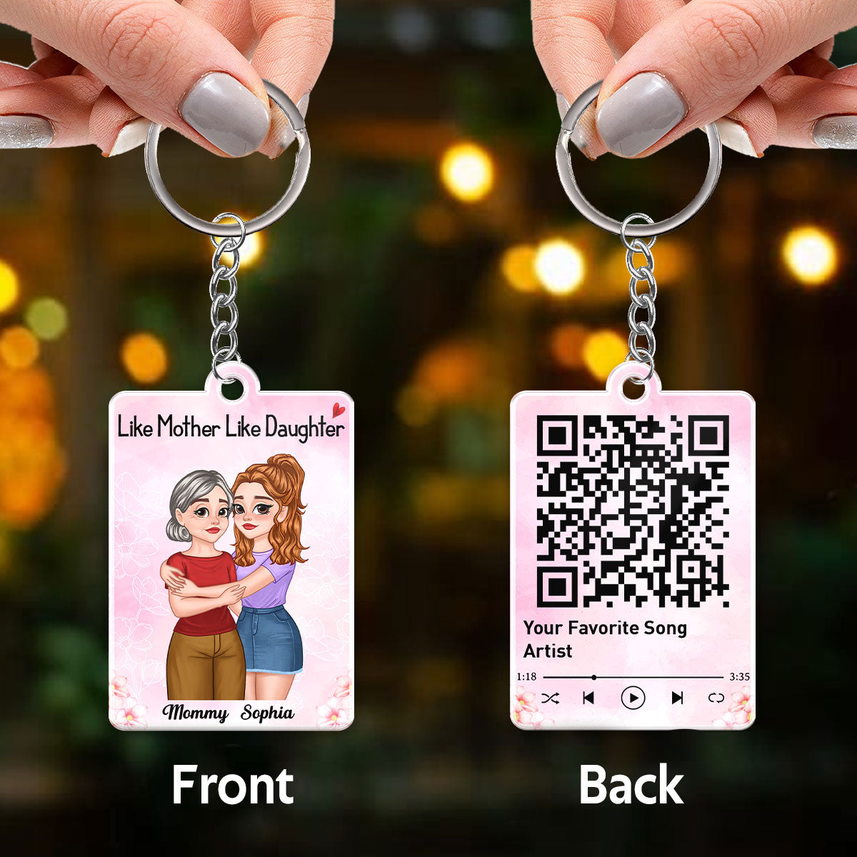 Like Mother Like Daughter Cartoon Hugging Mom Daughter Favorite Song QR Code Personalized Acrylic Keychain