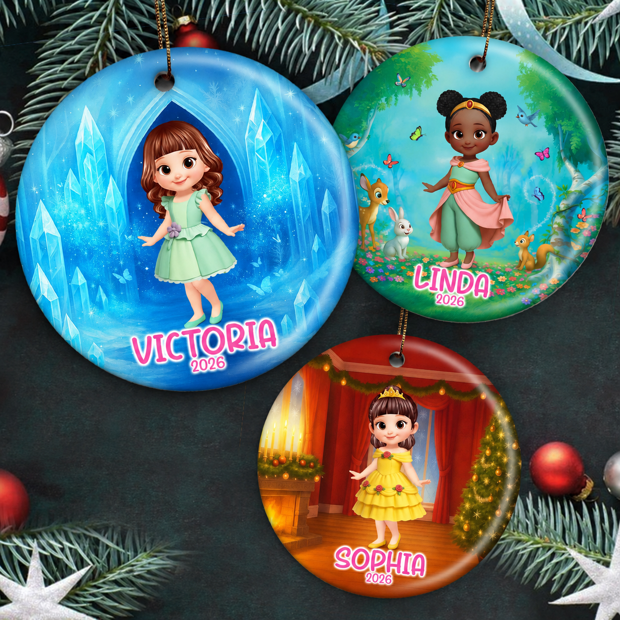 Little Princess Personalized Circle Ceramic Ornament, Christmas Gift for Daughters, Granddaughters