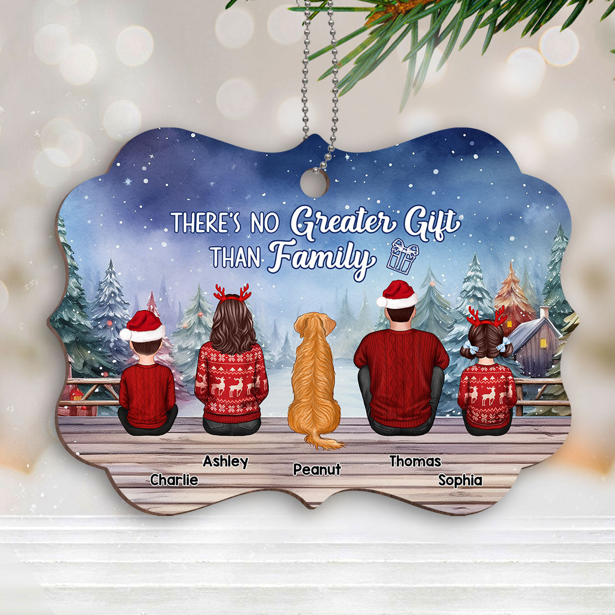 Christmas Background With Cozy Space Family Sitting Personalized Wooden Ornament
