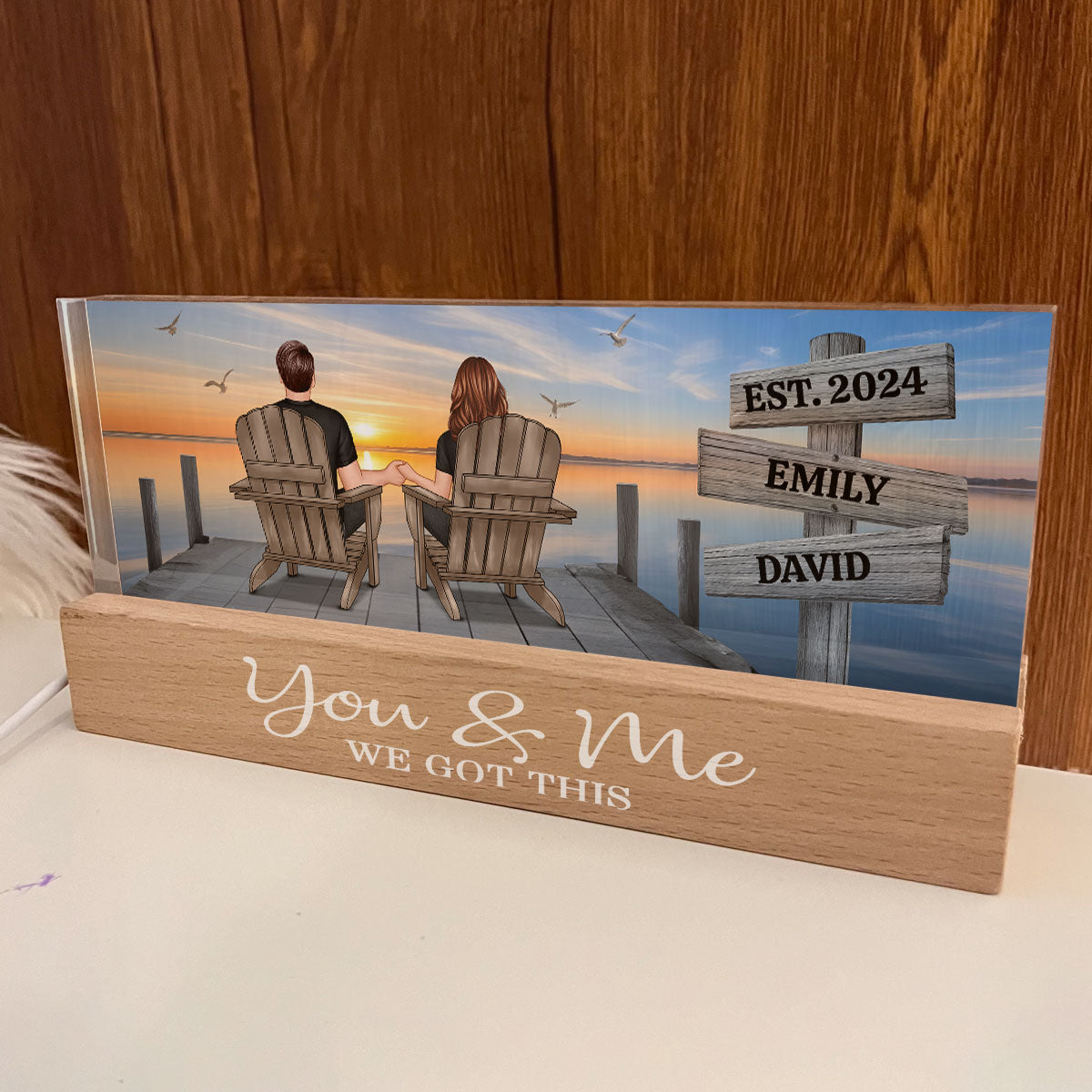 Lake Dock Couple Sitting Holding Hands Sign Posts Personalized Acrylic Block LED Night Light, Home Decoration, Gift For Her, For Him