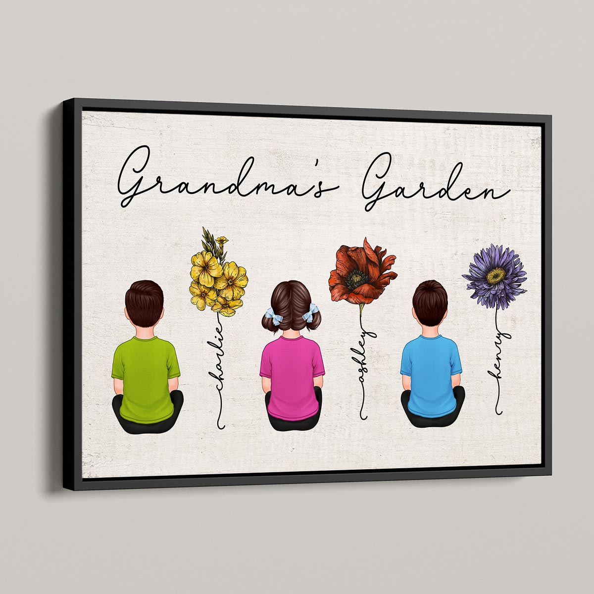 Grandkids Sitting Back View Grandma Garden Beautiful Vintage Birth Month Flowers Mother‘s Day Gift Personalized Horizontal Poster